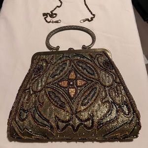 VINTAGE FULLY BEADED METALLIC HANDBAG WITH DETACHABLE SHOULDER/CROSSBODY CHAIN